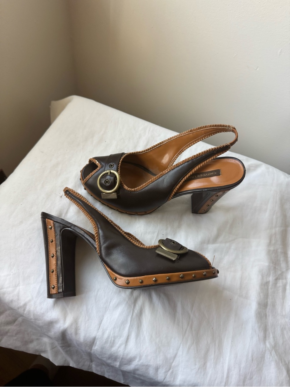 Y2K Chinese Laundry Brown Leather Studded Slingback Heels Size 9